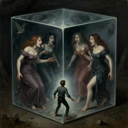 a tiny man being tormented by raging crazy women in a giant cubic bubble portal to hell, dark, disturbing, uneasy, unsettling, by hieronymus bosch, trending on artstation, trending on nightcafe, by alexander fedosa oil on canvas