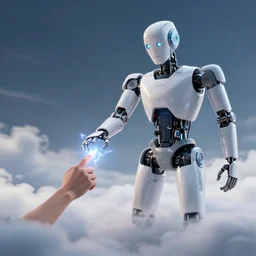 robot as a god on the clouds is touching a human with lightning fingers transferring new kind of energy, two figures in the composition of the creation of adam fresco, classical religious painting by michelangelo