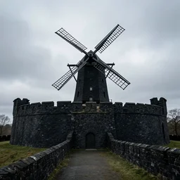 a dark black castle with a very tall square stone building topped with 1 6 windmill blades surrounded by huge walls made out of very dark black stone sitting in a valley, sharp, cinematic, wide angle