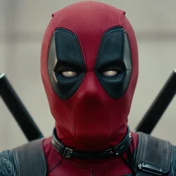 film still of deadpool as superman in the new superman movie, 4 k, highly detailed face, detailed eyes