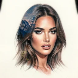 tattoo design sketch with double exposure effect, megan fox face and beautiful mountain scenery, in the style of matteo pasqualin, amazing detail