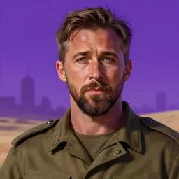 purple scene lighting, detailed character portrait!!! concept art, older ryan gosling as a soldier with beard, short hair, in a soldier uniform, desert background, city skyline, sharp focus, illustration, highly detailed, digital painting, concept art, matte, art by wlop and artgerm and greg rutkowski, masterpiece