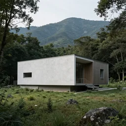 simple brutalist house on a secluded mountain with trees around