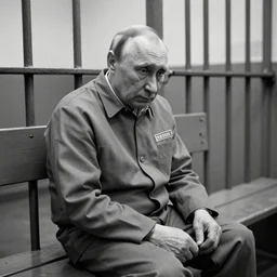 a very sad and old wrinkled vladimir putin ( ( in prison clothes sitting on prison bench in prison ) ). detailed professional 3 5 mm black and white photo by don mccullin and anders petersen world press photo award