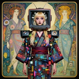 cute punk goth fashion fractal mecha blonde girl wearing a television tube helmet and kimono made of circuits and leds, Techno surreal Dada collage by Man Ray Kurt Schwitters Hannah Höch Alphonse Mucha Beeple