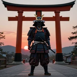 Armed godlike helmeted samurai standing in front of an enormous torii gate with the very very red rising sunrise ,hyper-realistic, morning, octane rendering , inspired by Katsuhiro Otomo, pixelactivist