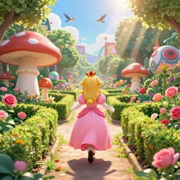 portrait of princess peach, running through a hedge garden of exotic flowers in the Mushroom Kingdom, giant mushrooms, and roses, from behind, streets, birds in the sky, sunlight and rays of light shining through trees, beautiful, solarpunk!!!, highly detailed, digital painting by Michael Garmash and Peter Mohrbacher