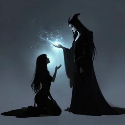 the silhouette of the dark sorceress as she bestows her magic upon her disciple, which is kneeling in front of her, concept art, trending on artstation HD, glowing magic,