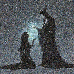 the silhouette of the dark sorceress as she bestows her magic upon her disciple, which is kneeling in front of her, concept art, trending on artstation HD, glowing magic,