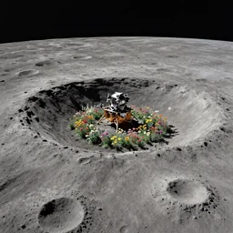a landscape on the moon with many craters, barren moon landscape, a broken moon lander, in a big crater at the center there is a beautiful flowering garden, 8 k, lowbrow in the style of martin johnson heade and daniel merriam,