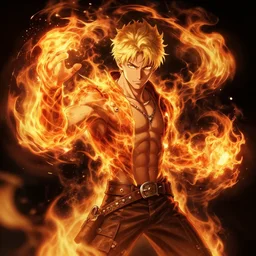 character art by peter mohrbacher, young man, blonde hair, on fire, fire powers