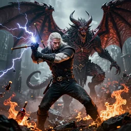 the witcher epic battle against a winged demon, fighting stance, lightning hitting geralt the rivia, broken bottle of magic potion, fire detail, fierce, epic moment, sharp details, trending artstation hq, epic fantasy, cinematic lighting, photorealism, 8 k.
