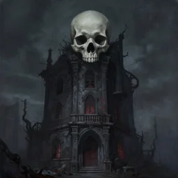 a painting of a creepy building with a skull on it, a matte painting by chris labrooy, trending on artstation, gothic art, anime aesthetic, apocalypse art, official art