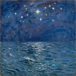 many stars in the sky ⭐, turbulent water below. by karel thole and claude monet, oil on canvas