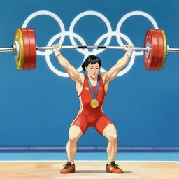 an Olympic athlete, female weightlifter, winning a gold medal, by Ted Nasmith
