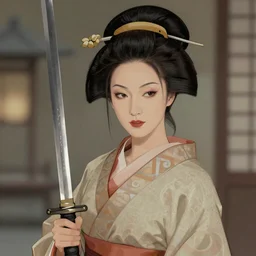 a beautiful ultradetailed illustration of margot robbie as a geisha with a sword by Stephan Martinière, trending in artstation, portrait photo, bokeh, muted tones
