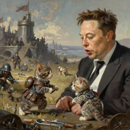 painted closeup of fantasy ww 2 battlefield, cute kittens fighting elon musk, fantasy intricate elegant extremely detailed digital painting trending artstation concept art sharp focus illustration art by gustave courbet greg rutkowski craig mullins