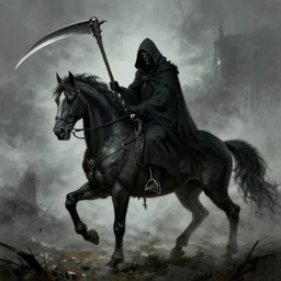 the grim reaper on a black warhorse, holding a wicked scythe, fantasy horror art