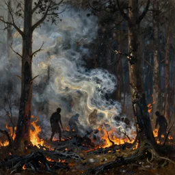 burned forest, smoke, shadowy creatures, extremely detailed oil painting, sargent and leyendecker, savrasov levitan polenov, bruce pennington, tim hildebrandt, digital art, landscape painting, trending on artstation, masterpiece