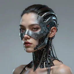 human 3 d by pantokrator, beautiful sexy woman head made of mech mask rendered in unreal engine, cyberpunk, dark, scifi, dark cyberntic wires and vessels coming from core processor, contrast, painted by david burliuk | bernard buffet | carne griffiths | stanislaw lem