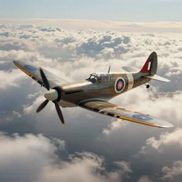 a realistic image of a spitfire mk 2 flying over the cloudscape, 8 k, matte painting, in the style of greg simkins and leonardo da vinci and bouguereau,