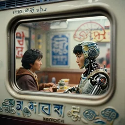 fuji gfx, 2 0 0 mm ; beautiful hyperrealistic dithered film still from nepal movie of cyborg scene in style of 1 9 9 0 s frontiers in miniature porcelain retrofuturism deep emboss macro design architectural art studio photography magazine seinen manga wired devanagari brain map extreme closeup portrait edition, real - life shinkansen window view porcelain izakaya sign, highly detailed, tilt shift background