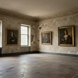 , 4k, highly detailed, sharp focus 4k, highly detailed, A large empty room, paintings hang on the walls, the wallpaper is sometimes broken, little light comes in through a window