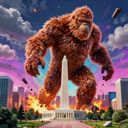 maximalist 3 d render of giant bigfoot destroying washington dc, debris and fire, collapsed buildings, monster, hyperdetailed against a psychedelic surreal background in the style of 1 9 9 0's cg graphics against the cloudy night sky, lsd dream emulator psx, 3 d rendered y 2 k aesthetic by ichiro tanida, 3 do magazine, wide shot