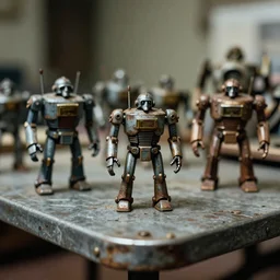 miniature figurines of giant rusty robots on an old metal table, HD 8K, depth of field, fstop 1.2, bokeh, dynamic lighting, 50mm lens, 1970s kodak film
