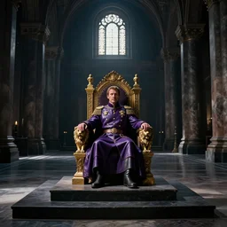 Cinematic wide view of a dark long marble Romanesque hall, volumetric sunlight shining through ornate windows, at the end of the hall is a throne, Christopher Walken as Emperor Shaddam IV, wearing ornate Tyrian-purple regal leather uniform, with two lion-pins made of gold on uniform, sitting on a throne made of gold with arm-rests shaped like lions, inside a dark futuristic neo-Baroque hall, dark atmospheric lighting, highly detailed, cinematography by Stanley Kubrick