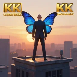 bald man in a suit with blue butterfly wings standing on the roof of the building, sunrise, octane render, digital painting, 8 k, trending on artstation, hyperdetalied, deviantart contest winner,