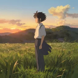 Link standing in a grassy field at sunset, cinematic lighting, style by Makoto Shinkai
