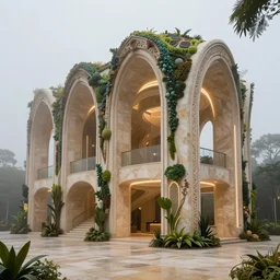 one point perspective photo of a futuristic biomimicry oasis facade vaults + sandstone tiles + the facade is elegant and made of a biomimicry nature algae with ornate patterns + led light + spiral stairs + photo taken on a misty morning + architectural photography, 8K, photorealistic