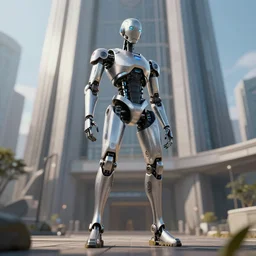 2B nier automata standing in front of a large building, detailed, artstation, concept art, Unreal Engine 5 render, 8K