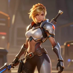 digital dramaticly lit artwork of tracer from the game overwatch