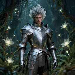 a male knight, stern face, clear eyes, shining armour made of steel, and fractal flowery hair in a fractal garden, glowing delicate flower, berries and ferns that grow in a dark fantasy forest, full frame,