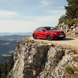 red mercedes driving off a cliff