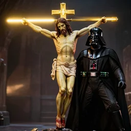 full shot photograph of super jesus christ defeating darth vader, using a cross - shaped gold lightsaber, photorealistic, cinematic lighting, extremely detailed, star wars