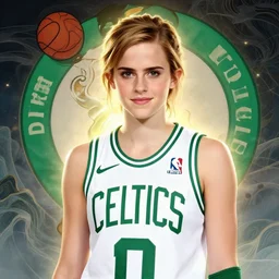 portrait of teen emma watson in an nba boston celtics basketball uniform, fantasy art by hokusai, global illumination, radiant light, detailed and intricate environment