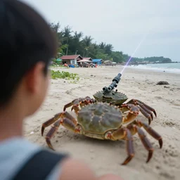 blurry dof shoulder shot of a gigantic crab crawling towards village near a beach and [ laser ] [ turret ] [ attached ] to top of crab, 8 5 mm f 5. 6 iso 2 0 0