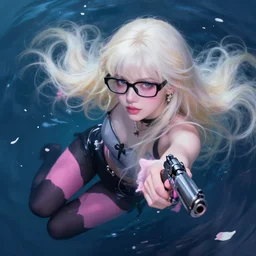 abeautiful + blonde + dragon queen + white hair + cool black glasses + little pistol + tights + lisa + black pink, floating under the deep dream water, beautiful smooth soft light + white petal, oil paint, cinematic lighting, octane render, unreal engine 5, closeup, 4 k, highly detailed, instagram,