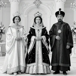 An extreme long shot wide shot, colored black and white Russian and Japanese mix historical fantasy a photograph portrait taken at the empress and emperor's royal wedding in the imperial carriage going back to the palace, they had a private moment together, golden hour, warm lighting, 1907 photo from the official wedding photographer for the royal wedding.