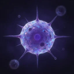 iridescent biology cell in the center of darkness, digital painting, concept art, artstation, purple and blue color scheme