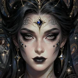 Necromancer Sorceress face macro in center, fantasy magic, undercut hairstyle, dark light night, intricate, elegant, sharp focus, illustration, highly detailed, digital painting, concept art, matte, art by WLOP and Artgerm and Greg Rutkowski and Alphonse Mucha, masterpiece