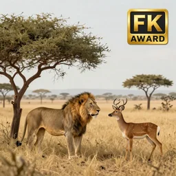 A lion observing a deer from a bush in a Savannah,digital art,award winning,8k