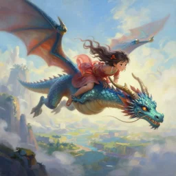 painting of a girl flying on a dragon in a fantasy world, digital painting, hd, illustration, art by tokenin, trending