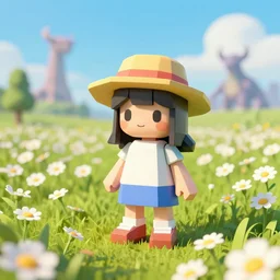 lowpoly ps 1 playstation 1 9 9 9 anthropomorphic lurantis girl standing in a field of daisies wearing shoes and a hat, mount doom in the distance digital illustration by ruan jia on artstation