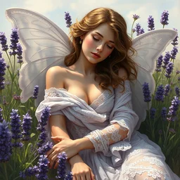 a young nymph in an artistic resting pose covered in lace intricate translucent loosen cloths surrounded by beautiful lavender plants and meadows, highly detailed digital by artgerm, wlop, by boris vallejo, by alphonse mucha painting