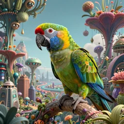most beautiful parrot in the world, alien planet, city, buildings, unique surreal flora, highly detailed, masterpiece, artstation, art by stas yurev and alex nice and job menting
