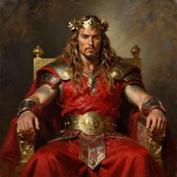 beautiful portrait oil painting, jason momoa conan the barbarian wearing a golden wreath crown in royal crimson spartan armor enthroned as the god emperor of ancient rome, mid - shot, by anders zorn, wonderful masterpiece by greg rutkowski, beautiful cinematic light, american romanticism, by thomas lawrence, greg rutkowski